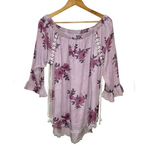 XL 100% Lyocell Off The Shoulder Ruffled Sleeves Fring Hem Tunic